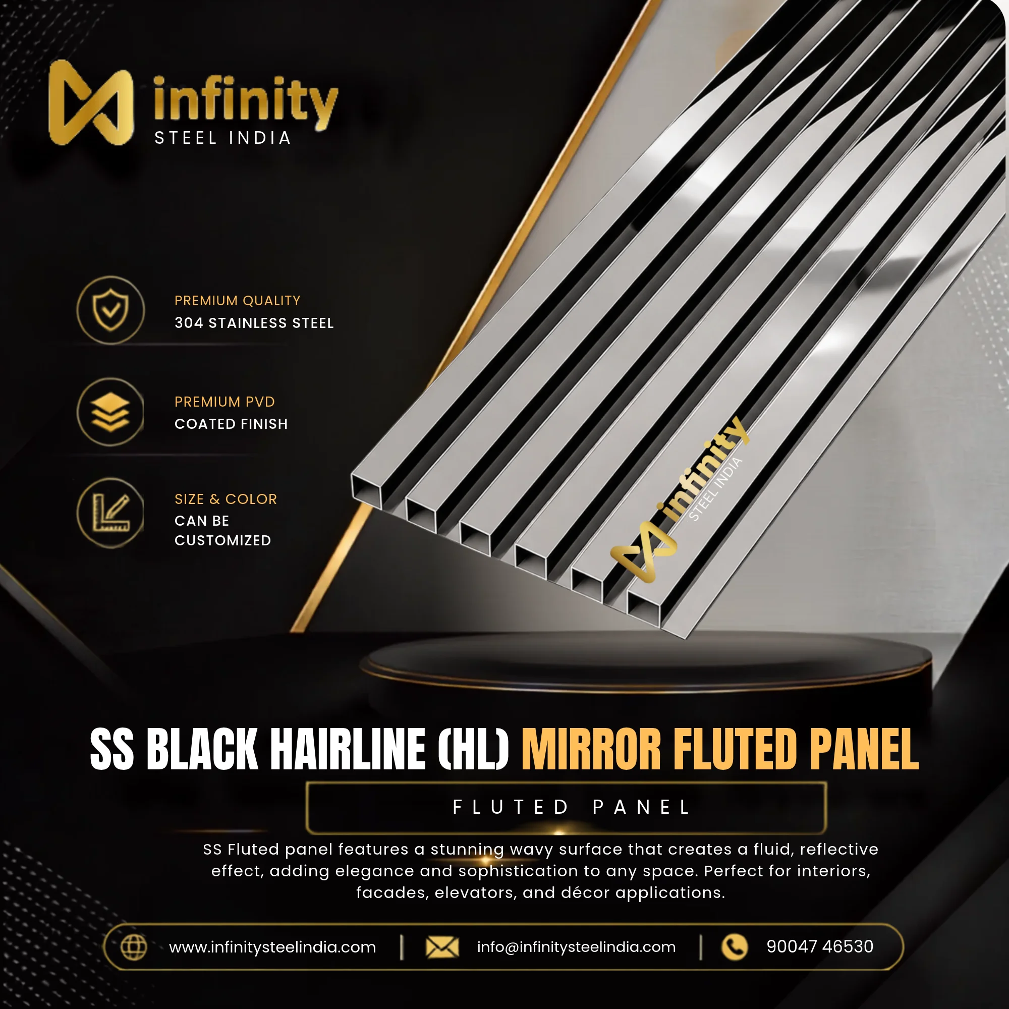SS Black Hairline  Mirror Flueted Panel, SS Black Hairline Mirror Flueted Panel Manufacturers, SS Black Hairline Mirror Flueted Panel Suppliers- Infinity Steel India