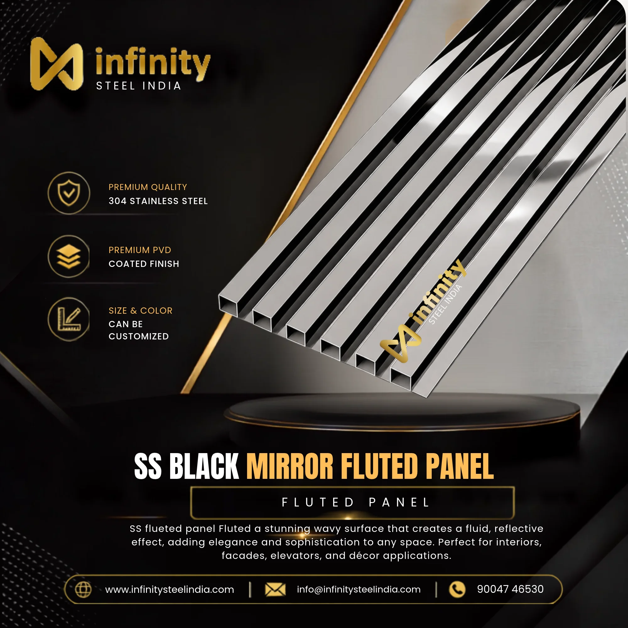 SS Black Mirror Flueted Panel, SS Black Mirror Flueted Panel Manufacturers, SS Black Mirror Flueted Panel Suppliers- Infinity Steel India