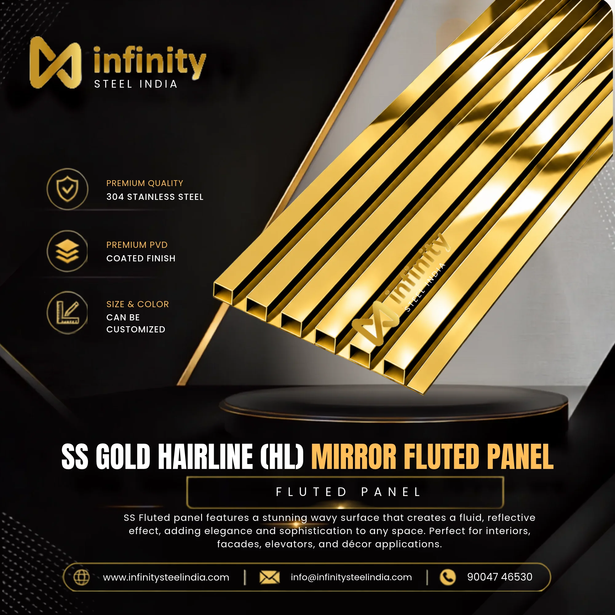 SS Gold Hairline  Mirror Flueted Panel, SS Gold Hairline  Mirror Flueted Panel Manufacturers, SS Gold Hairline  Mirror Flueted Panel Suppliers- Infinity Steel India