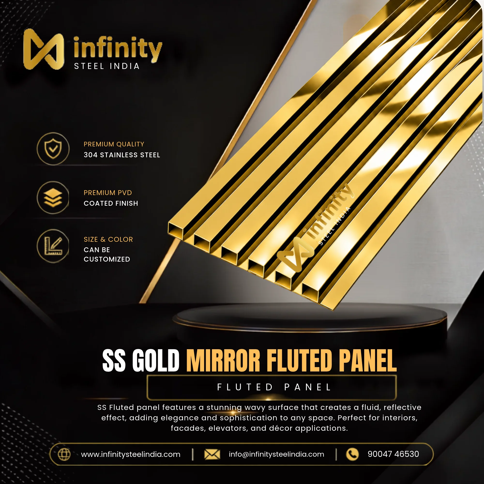 SS Gold Mirror Flueted Panel, SS Gold Mirror Flueted Panel Manufacturers, SS Gold Mirror Flueted Panel Suppliers- Infinity Steel India