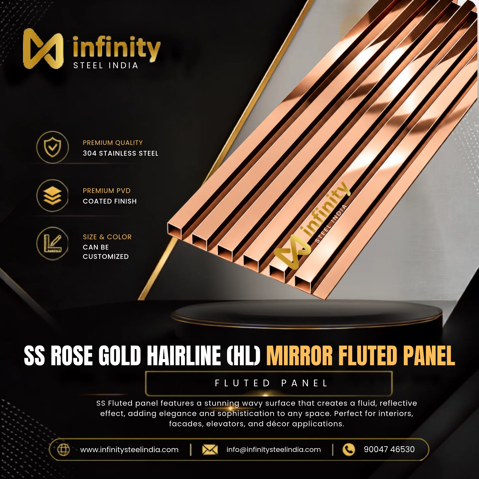 SS Rose Gold Hairline (HL) Mirror Fluted Panel, SS Rose Gold Hairline (HL) Mirror Fluted Panel Manufacturers, SS Rose Gold Hairline (HL) Mirror Fluted Panel Suppliers- Infinity Steel India