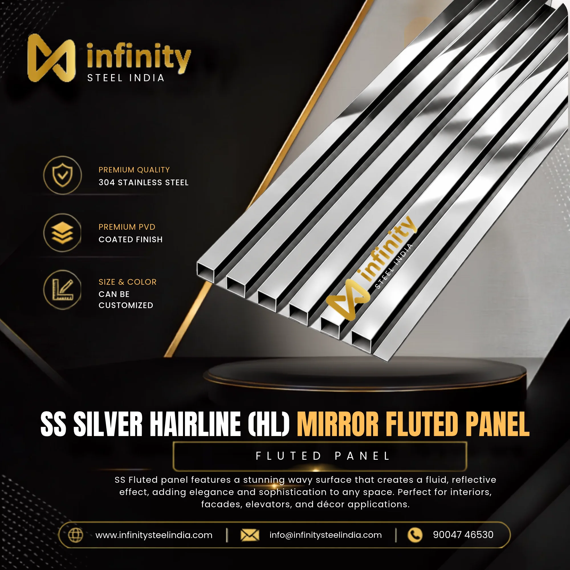 SS PVD Silver Hairline (HL) Mirror Fluted Panel, SS PVD Silver Hairline (HL) Mirror Fluted Panel Manufacturers, SS PVD Silver Hairline (HL) Mirror Fluted Panel Suppliers- Infinity Steel India