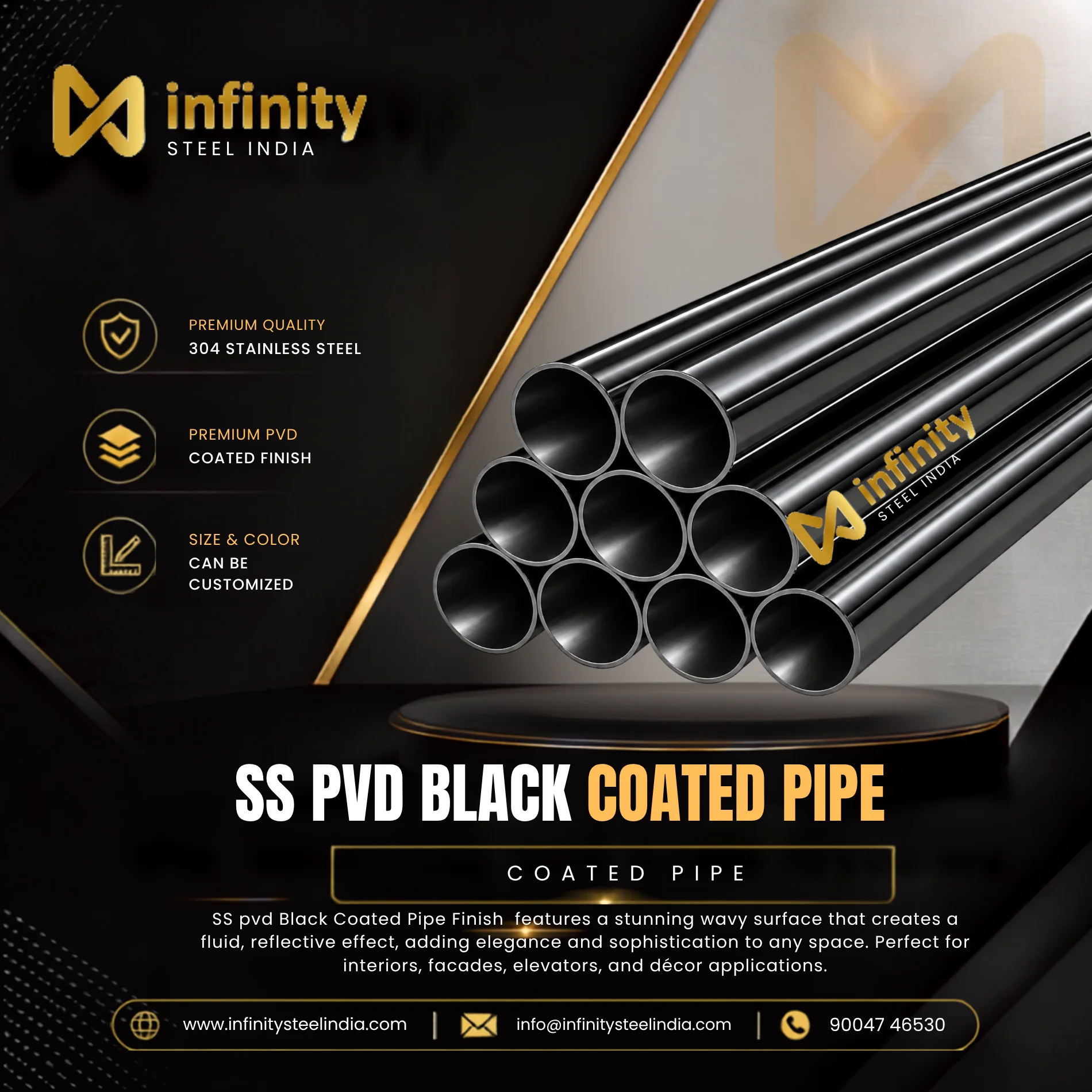 SS PVD Black Coated Pipe, SS PVD Black Coated Pipe Manufacturers, SS PVD Black Coated Pipe Suppliers- Infinity Steel India