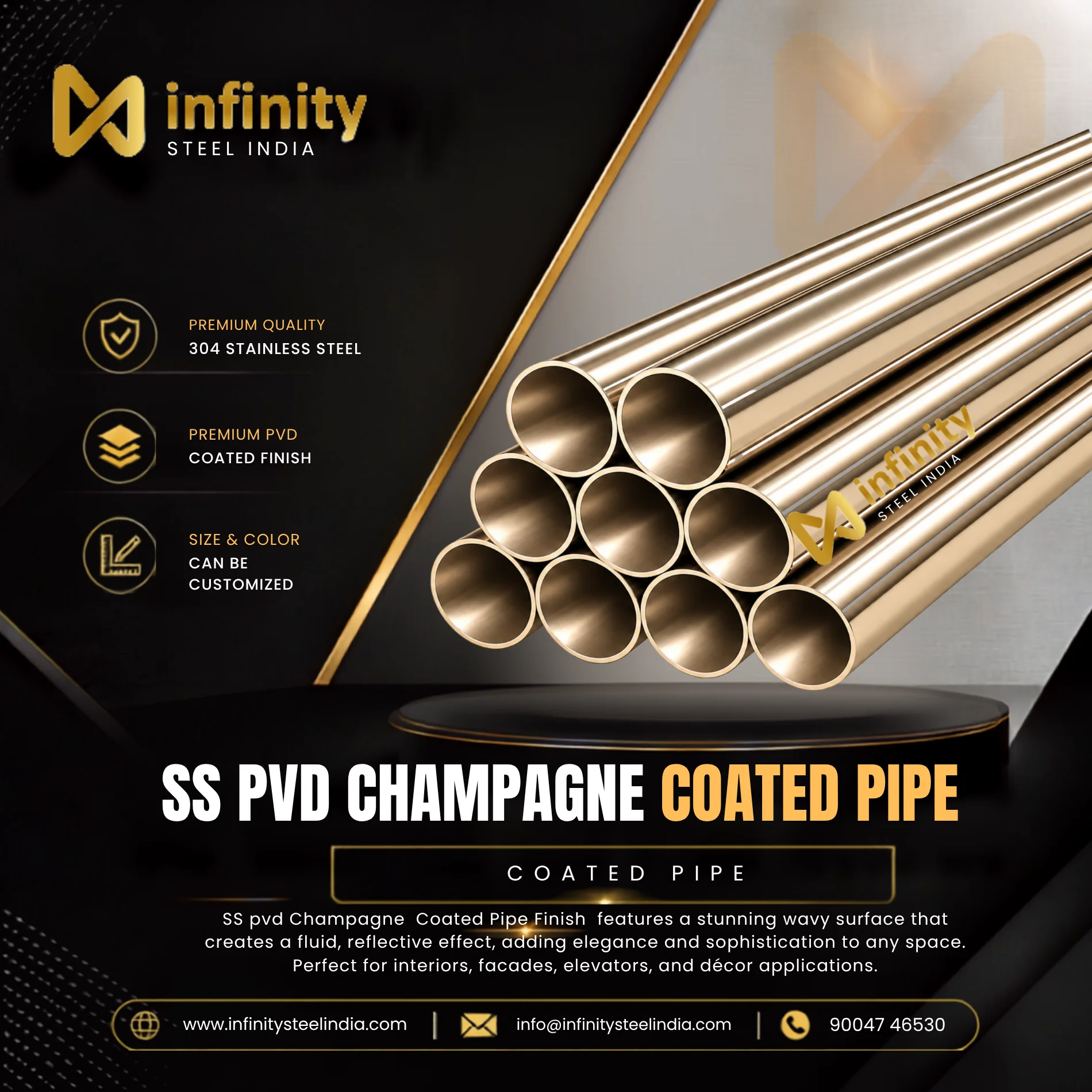 SS PVD Champagne Coated Pipe, SS PVD Champagne Coated Pipe Manufacturers, SS PVD Champagne Coated Pipe Suppliers- Infinity Steel India