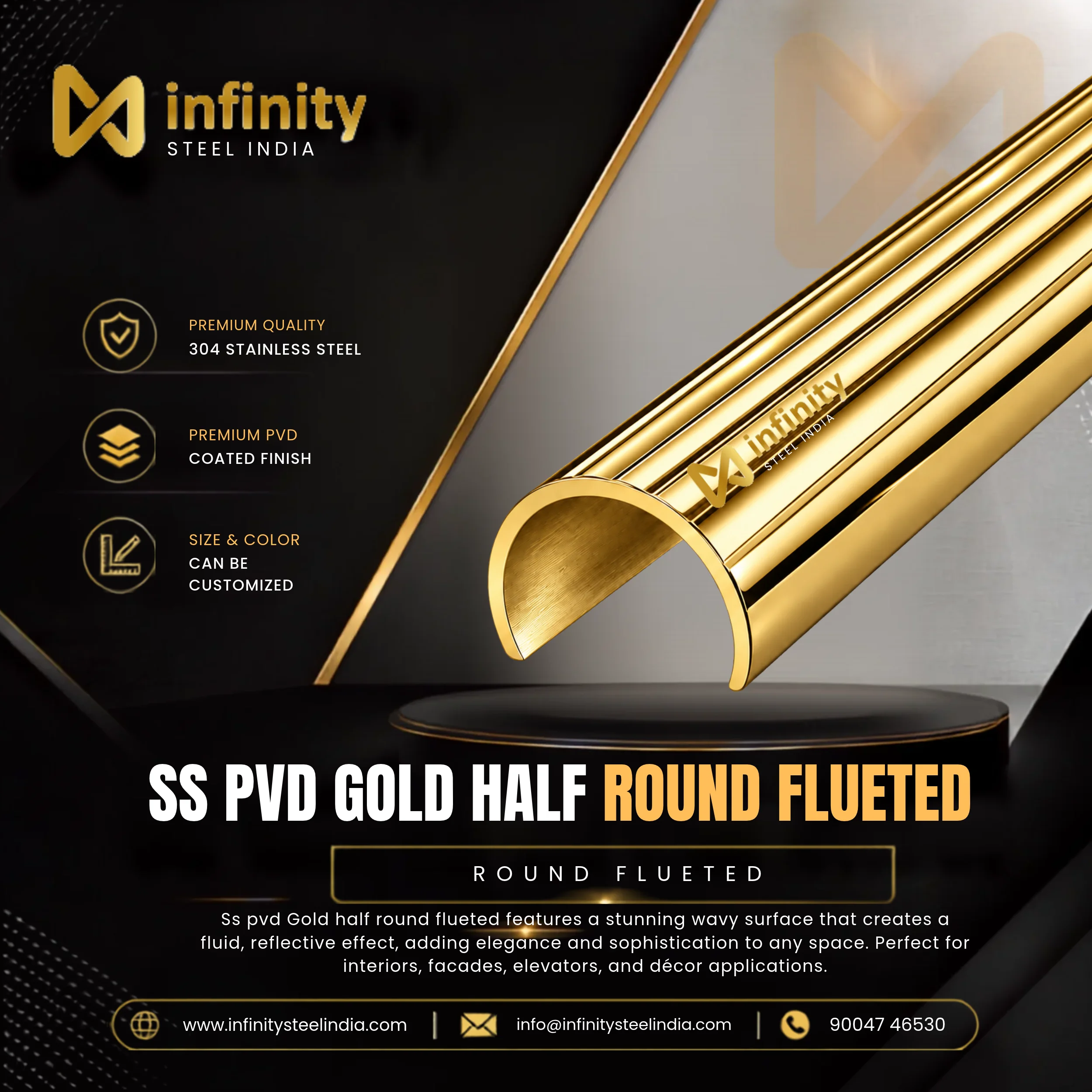 SS PVD Gold Half Round Flueted, SS PVD Gold Half Round Flueted Manufacturers, PVD Gold Half Round Flueted Suppliers- Infinity Steel India