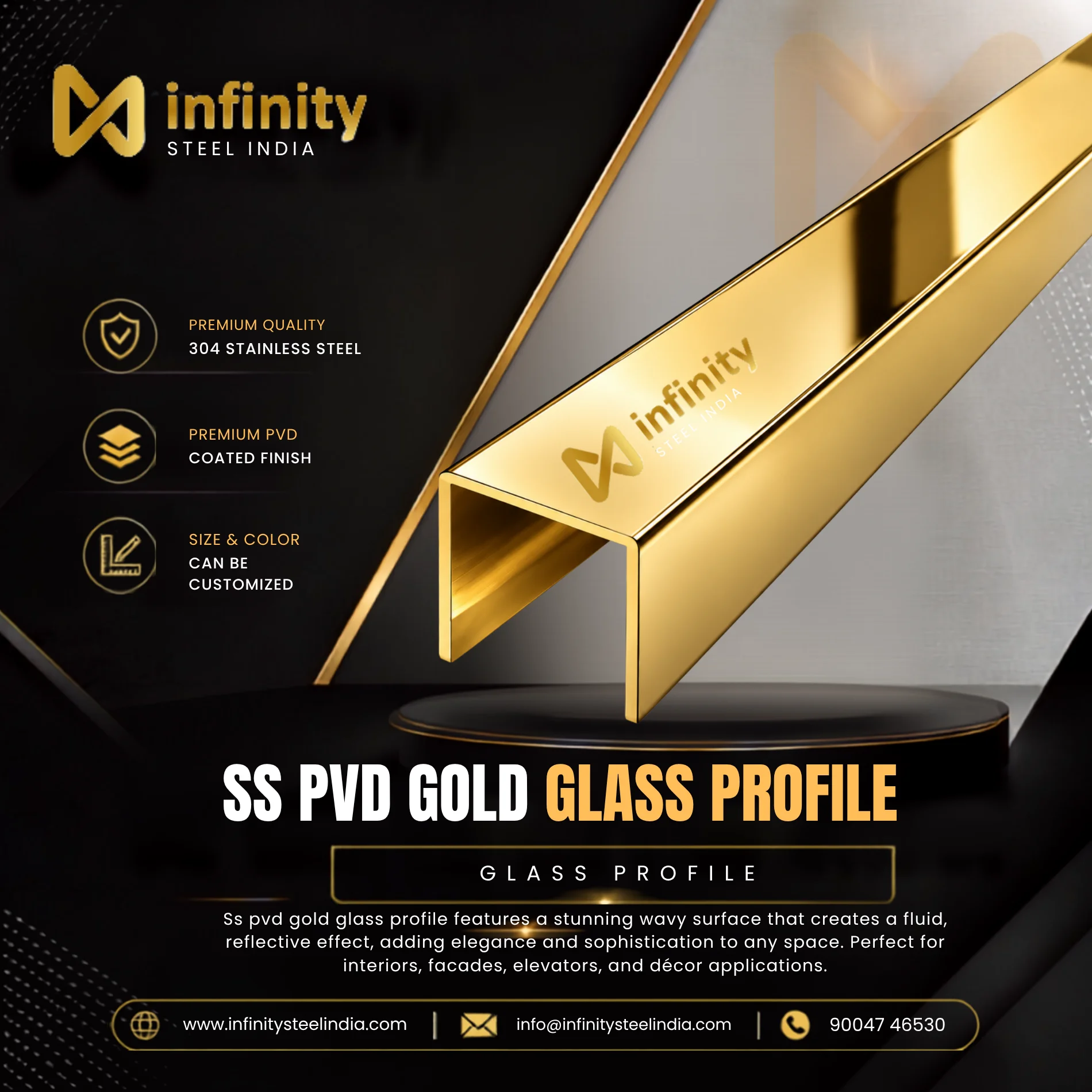 SS PVD Gold Glass Profile, SS PVD Gold Glass Profile Manufacturers, SS PVD Gold Glass Profile Suppliers- Infinity Steel India
