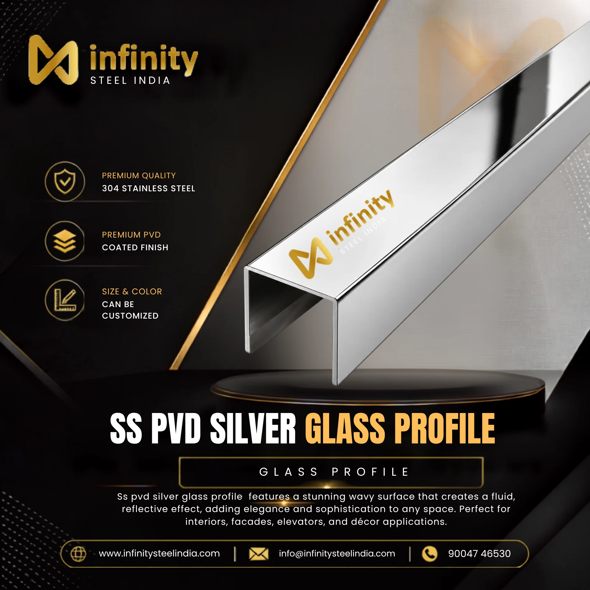 SS PVD Silver Glass Profile, SS PVD Silver Glass Profile Manufacturers, SS PVD Silver Glass Profile Suppliers- Infinity Steel India