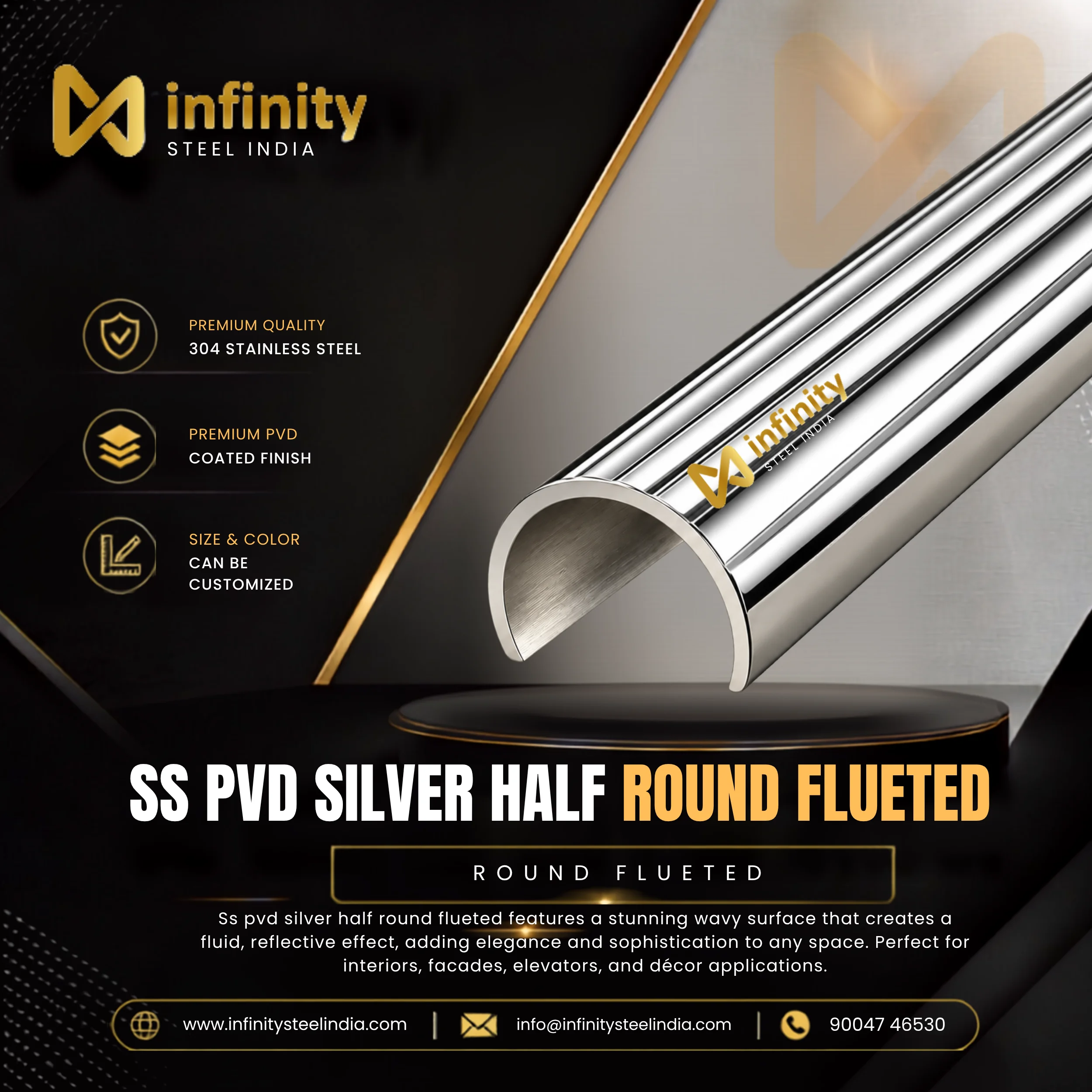 SS PVD Silver Half Round Fluted, SS PVD Silver Half Round Flueted Manufacturers, SS PVD Silver Half Round Fluted Suppliers- Infinity Steel India
